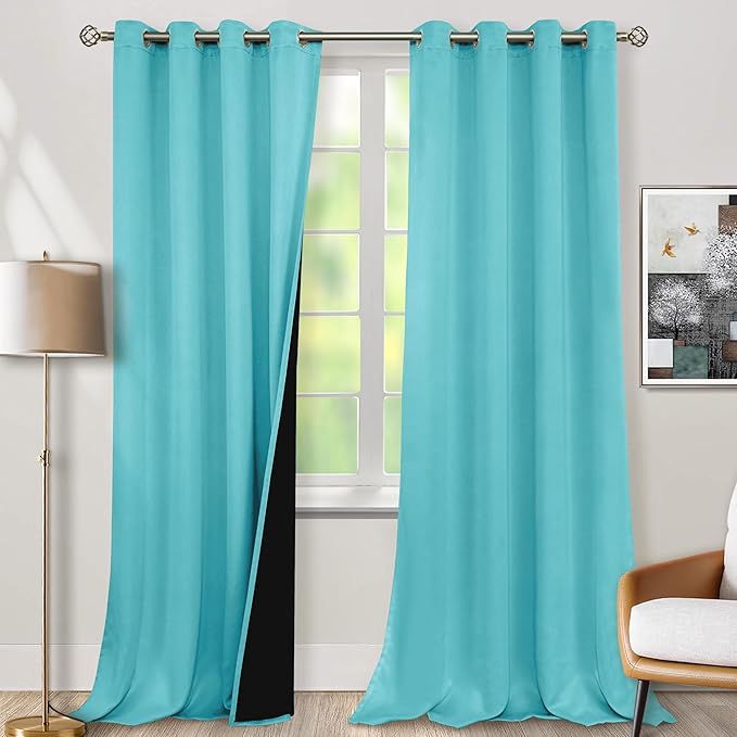 BGment 100% Blackout Curtains 108 Inch Long 2 Panles Set, Thermal Insulated Total Light Locking Soundproof Grommet Curtains & Drapes for Living Room with Black Liner, 52 Inch Wide Each, Aqua