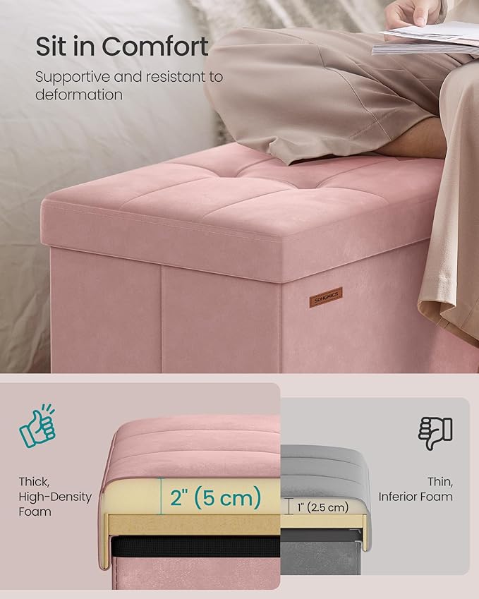 SONGMICS Mazie Collection - 43 Inches Storage Ottoman, Foldable Storage Bench with Flipping Lid, 660 lb Load Capacity, for Entryway, Living Room, Bedroom, Velvet Fabric, Jelly Pink ULSF078SA01