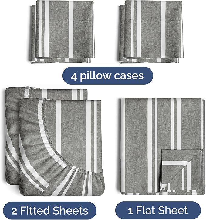 Split King 7 Piece Sheet Set - Cooling & Breathable - Hotel Luxury Bedding Includes Fitted Sheets for Women, Men, Kids & Teens - 1 Flat, 2 Fitted Sheets, 4 Pillowcases w/Deep Pockets - Grey Stripes
