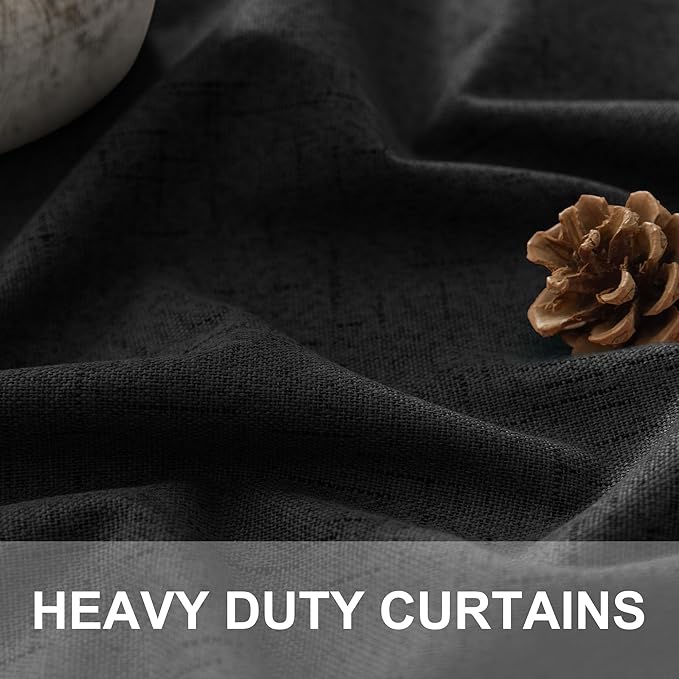 Nursery Blackout Curtains 63 Inch Length for Bedroom 2 Panels Back Tab Pocket Heavy Thick Linen Textured Room Darkening Sound Proof Insulated Thermal Dark Out Black Curtain for Winter 63 Inches Long