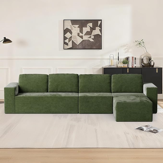 106" 3-Seater Sofa, Cloud Modular Sofa with Certified Foam, Upholstered Floor Sofa with Deep Seat, Sofa for Bedroom Living Room, No Assembly Required (Green, Plush Corduroy Fabric)