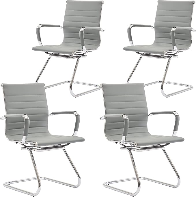 Wahson Office Guest Chairs Set of 4, Leather Reception Chairs, Mid Back Waiting Room Chair, Conference Chairs with Sled Base, Desk Chair No Wheels for Meeting/Lobby/Restroom, Grey