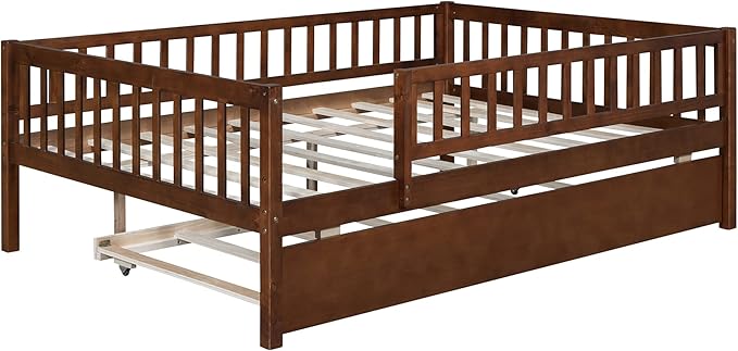 Bellemave Full Size Bed Frames with Rails for Kids, Full daybed Frame with Trundle for Boys/Girls/Adults，Walnut