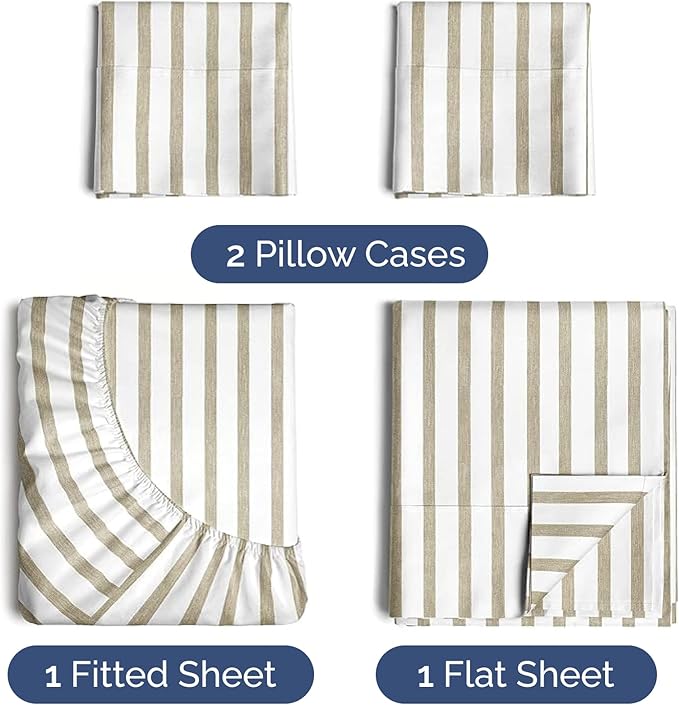 Twin 4 Piece Sheet Set - Cooling, Comfy & Breathable - Hotel Luxury Bedding, Includes Fitted Sheet for Women, Men, Kids & Teens - 1 Flat, 1 Fitted Sheet, 2 Pillowcases w/Deep Pockets - Beige Stripes