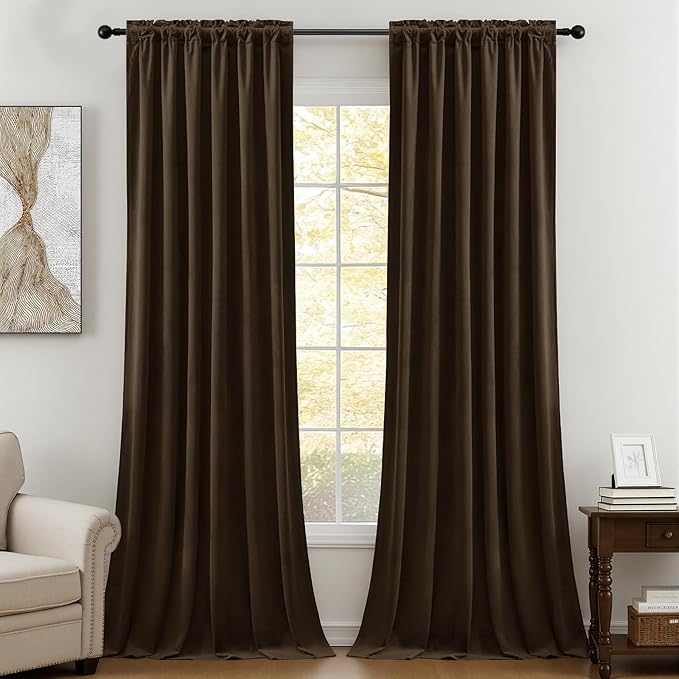 Brown Velvet Curtains Extra Long Room Darkening Drapes Super Soft Elegant Thermal Insulated Soundproof Privacy Window Curtains for Bedroom Living Room, Back Tab Rod Pocket, W52 x L102, 2 Panels