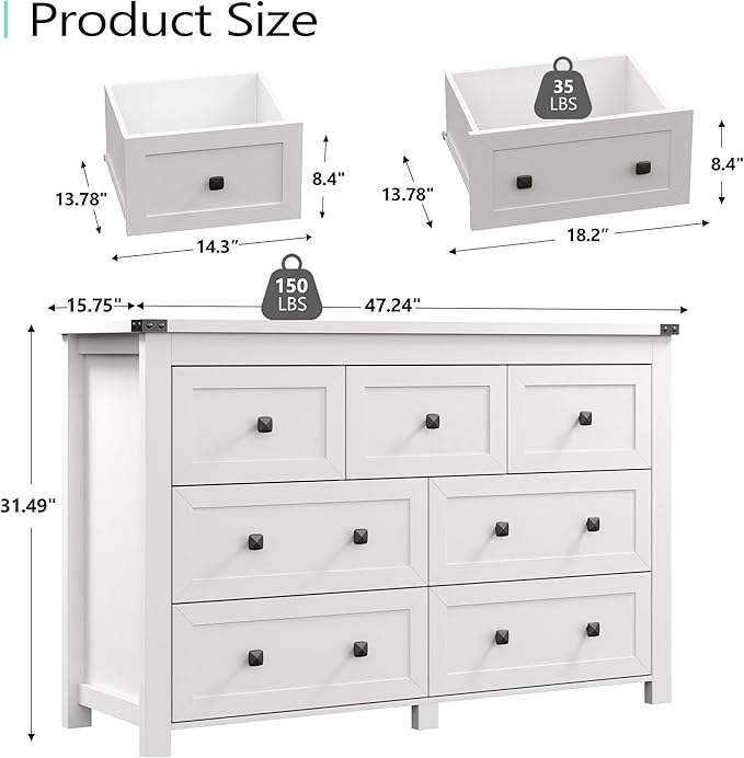 Dresser for Bedroom with 7 Drawers, Farmhouse Wood Chest of Drawers, Wide TV Stand Closet Storage Furniture with Metal Handle, Modern Clothes Organizer for Hallway, Living Room, Entryway, White