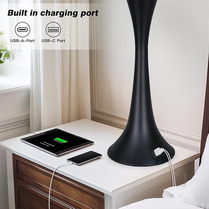 27.5" Black table Lamps for Living Room, Touch Control 3-Way Dimmable Bedside Nightstand Lamps Bedroom Lamp,Modern Black Table Lamp with USB A+C Ports,Tall Lamps for Living Room End Table（1Pack）