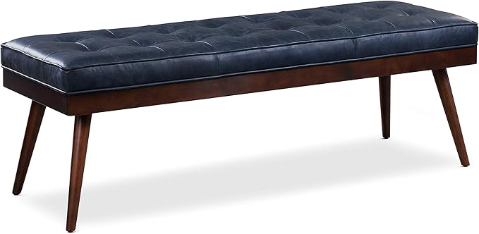 POLY & BARK 55" Tufted Leather Bed Bench for Bedroom End of Bed - Living Room Entry Way Bench - Pure Italian Leather Upholstery with a Solid Wood Frame - Ottoman Bench with Wooden Legs - Midnight Blue
