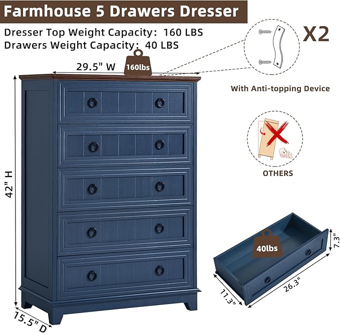 Farmhouse Chest of Drawers with Storage, 42" Tall Dresser for Bedroom, 5 Drawer Navy Blue Dresser with Metal Handle, Organizer Closet for Living Room, Hallway, Entryway