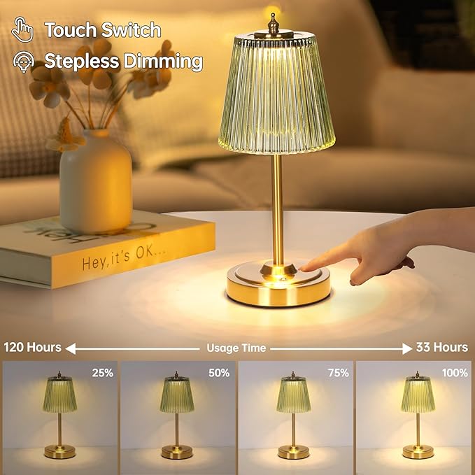 Small Table Lamp with 5200mAh Battery & Touch Control - 3 Adjustable Color Temperatures, Dimmable Rechargeable Table Lamps for Living Room, Bedroom, Bedside (Green Stripe)