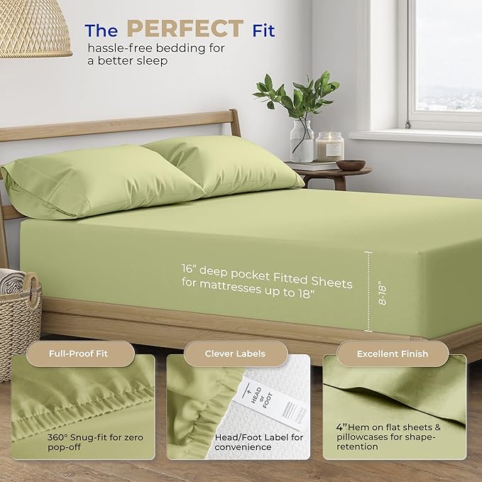 THREAD SPREAD 100% Cotton Queen Sheets Set - 400 Thread Count Queen Size Sheets (4 PC, Sage Green), 16" Deep Pocket All Around Elastic, Soft, Cooling, Durable & Breathable Sateen Weave Bed Sheet Set