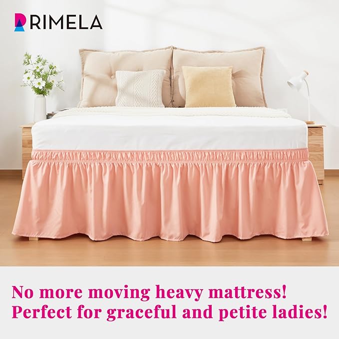 RIMELA Peachy Coral Bed Skirt King Size 18 Inch Drop, Wrap Around Elastic Bedskirt, Dust Ruffle for Adjustable Bed Base Machine Washable Easy to Install Bed Skirts