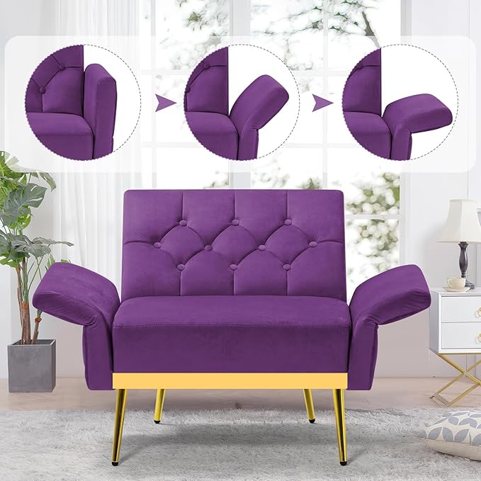 Velvet Accent Chair w/Adjustable Armrests and Backrests, Tufted Single Sofa with Ottoman, Upholstered Reading Chiar for Living Room, Apartment, Bedroom, Purple