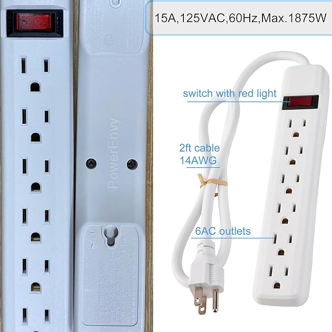 6-Outlet Surge Protector – 250 Joules, 2ft Cord, 15A/125V, 1875W Max – Right Angle Plug, Black – Home, Office, & Electronics Protection