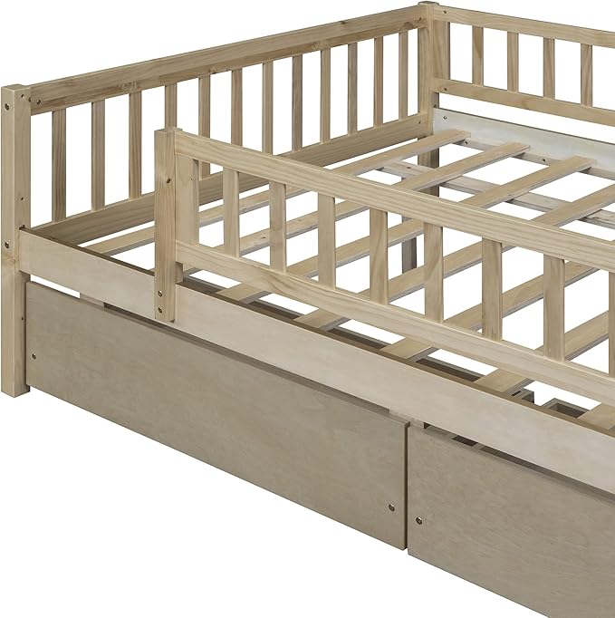Bellemave Full Size Bed Frames with Rails for Kids, Full daybed Frame with Drawers for Boys/Girls/Adults， Natural