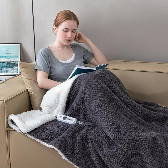 Heated Throw Blanket Electric - 50"x60" Cozy Soft Jacquard Heating Blanket with 4 Heat Levels & 4 Hours Auto-Off, Electric Throw with Overheating Protection, Warm Gifts, Grey