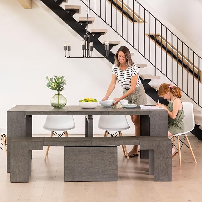 Transformer Table - Solid Wood Extendable Dining Table, Seats 2-12, Extendable Dining Room Table, Space-Saving Furniture, Expandable Dining Furniture (Dark Grey, Table + Bench)