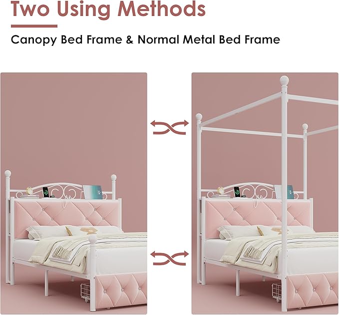 Queen Upholstered Canopy Bed Frame with 2 Drawers & Crystal Tufted Storage Headboard Two-Purpose Metal Platform Bed with 4 Removable Posts & Charging Station Pink Princess Bed, Curtain Not Included
