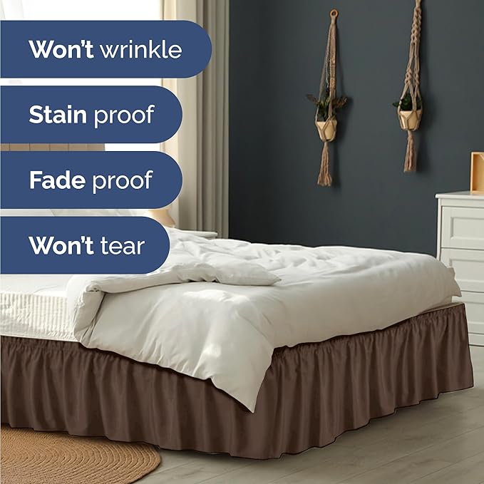 Wrap Around Dust Ruffle Bed Skirt - Brown - for Queen Size Beds with 15 Inch Drop - Easy Fit Elastic Strap - Adjustable Pleated Bedskirt w/Brushed Fabric - Wrinkle Free - for Women, Men, Kids & Teens