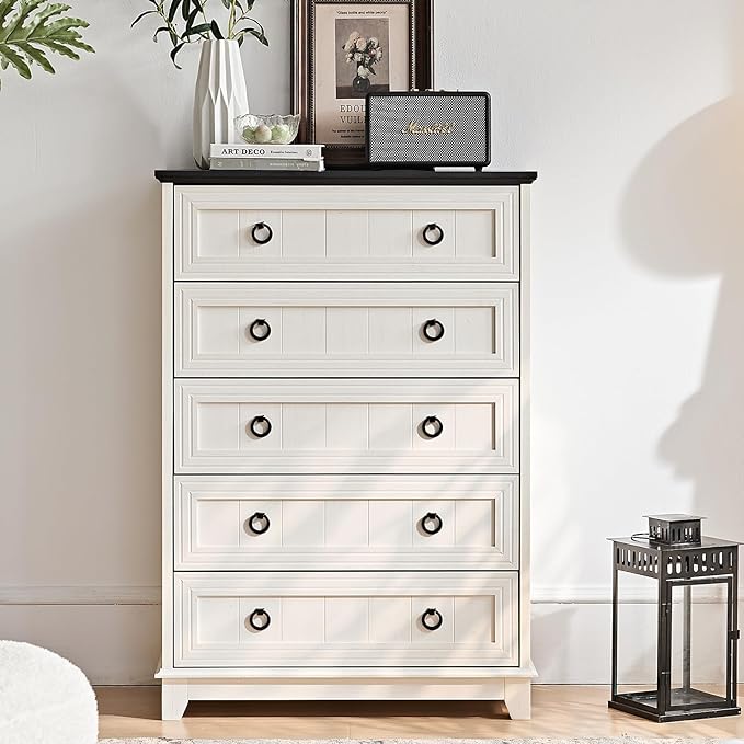 Farmhouse 5 Drawer Dresser for Bedroom, 42" Tall Small Dressers & Chest of Drawers, Rustic Wood Dresser with Metal Handle, Storage Organizer Closet for Living Room, Hallway, Entryway