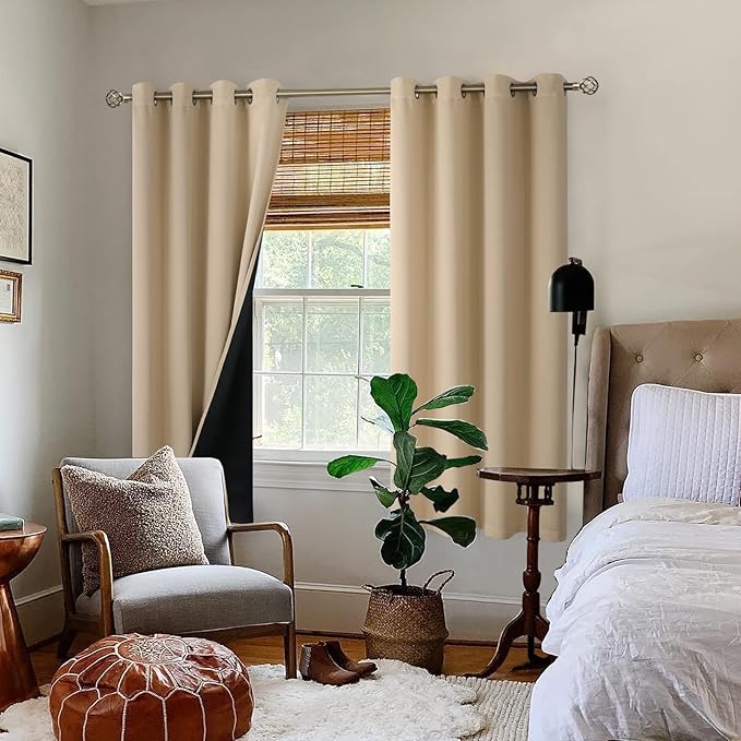 BGment Thermal Insulated 100% Blackout Curtains for Bedroom with Black Liner, Double Layer Full Room Darkening Noise Reducing Grommet Curtain (52 x 63 Inch, Beige, 2 Panels)
