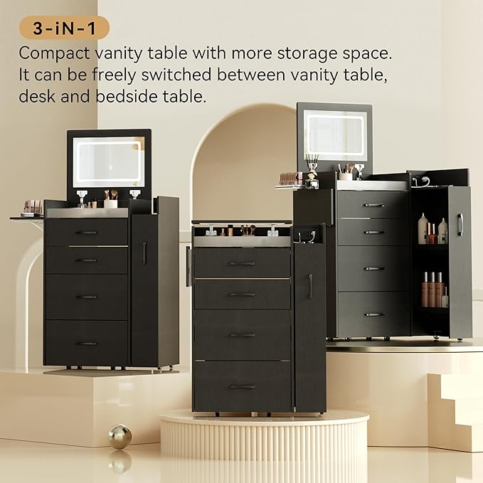 3 in 1 Vanity Desk with Flip Top Mirror, LED Lights, Side Cabinet,Collapsible Desk Panel, Hidden Stool with Storage, Small Makeup Vanity Table with Power Outlets, Compact Vanity, Black PT01DTB