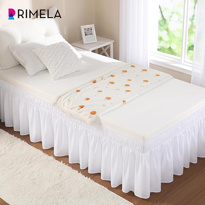 RIMELA White Bed Skirt Twin Size 15 Inch Drop, Elastic Bed Skirting for Bed Base and Frame, Bedding Dust Ruffle Easy to Install, Lightweight Wrap Around Adjustable Bedskirt