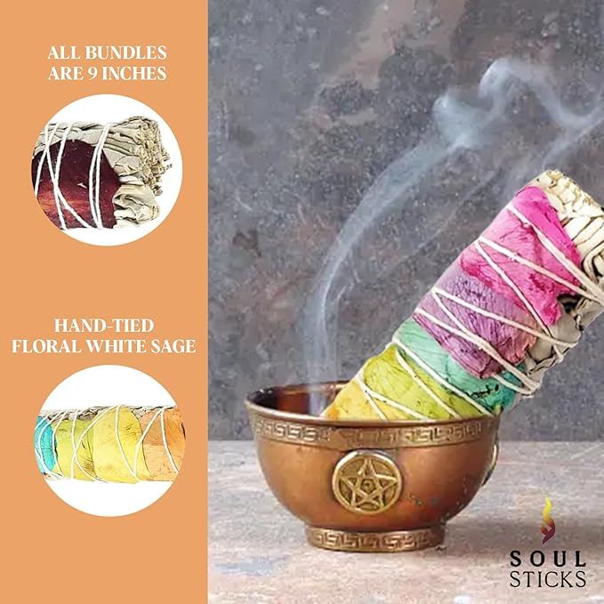 Soul Sticks 1 Pack 9 Inch Floral White Sage Smudge Stick With Starter Guide | House Blessing | Cleansing and Negative Energy Removal | Big Smudge Stick