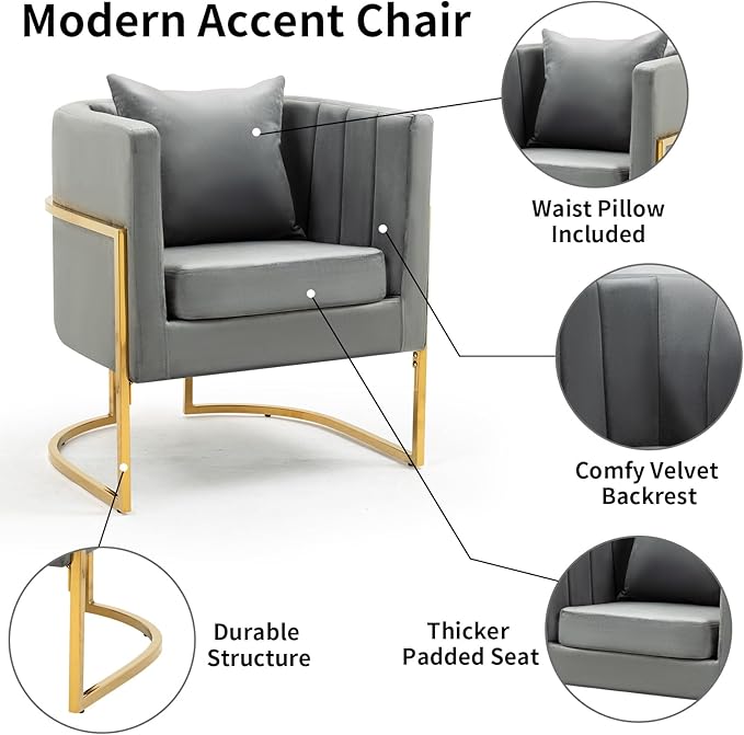 Velvet Modern Accent Chair, Upholstered Barrel Armchair Mid Century with Pillow for Living Room, Comfy Single Vanity Chair with Metal Gold Legs for Bedroom, Grey