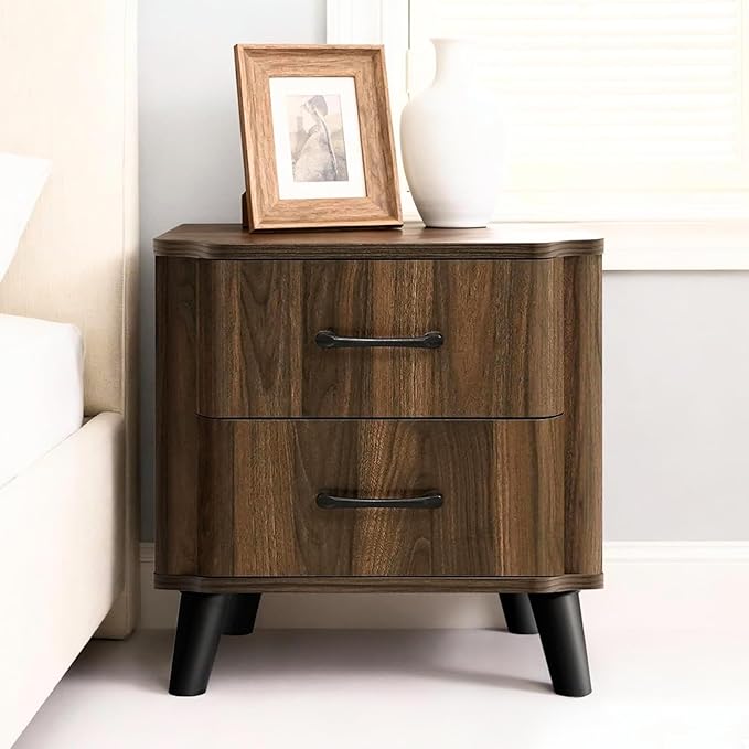 LuxenHome Mid Century Modern Nightstand, 20" Walnut Night Stand with Curved Edge, Dark Brown Nightstand with Drawers, Boho Bed Side Tables Bedroom, Storage Side Table, End Tables Living Room, 1PC