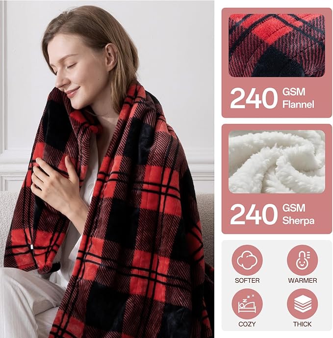 Heated Electric Blanket Twin Size 84" x 62", 8 Heat Settings, 10-Hour Selectable Auto Shut-Off, Fast Heating Blanket, Machine Washable, Warm and Cozy Red Black Plaid Checkered Sherpa Blanket,