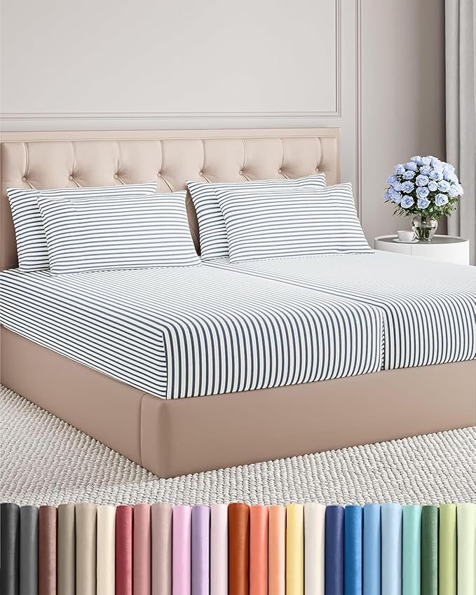 Split King 7 Piece Sheet Set - Cooling & Breathable - Hotel Luxury Bedding Includes Fitted Sheets for Women, Men, Kids & Teens - 1 Flat, 2 Fitted Sheets, 4 Pillowcases w/Deep Pockets - Blue Stripes