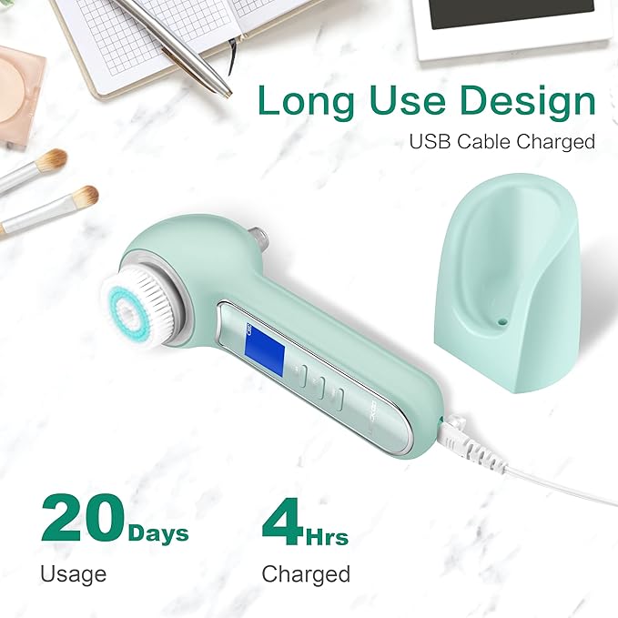 Face Scrubber Exfoliator,Facial Cleansing Brush Waterproof with LCD Screen,Blackhead Remover Vacuum with 5 Brush Heads,Face Spin Brush for Exfoliating (Green)