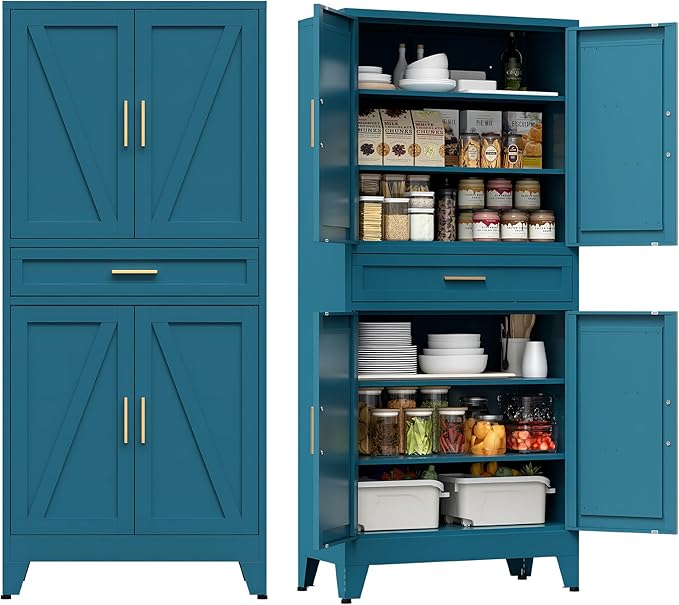 COFaR Farmhouse Storage Kitchen Pantry Cabinet with 4 Barn Door, 4 Adjustable Shelves, Drawer and Legs, for Cupboard/Dining Room/Bathroom/Living Room/Office/Laundry Room(Blue Green, 71" Metal Cabinet)