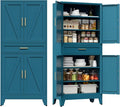 COFaR Farmhouse Storage Kitchen Pantry Cabinet with 4 Barn Door, 4 Adjustable Shelves, Drawer and Legs, for Cupboard/Dining Room/Bathroom/Living Room/Office/Laundry Room(Blue Green, 71" Metal Cabinet)