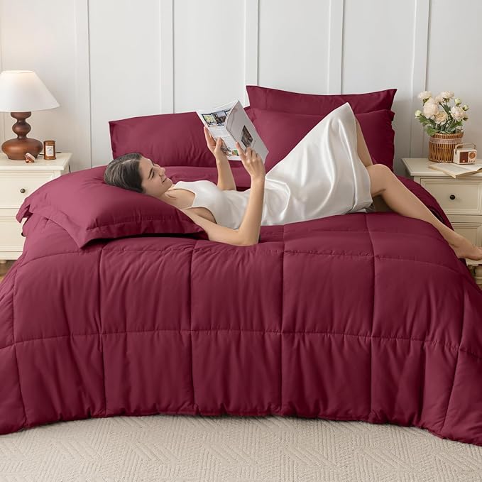 JOLLYVOGUE California King Comforter Set, Ultra-Soft Bed in a Bag Cal King Size 7 Pieces, Oeko-TEX Certified Bedding Set with Down Alternative Comforter, Sheets, Pillowcases & Shams, Burgundy