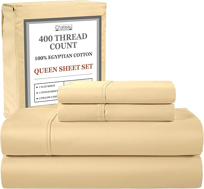 400 Thread Count Queen Cotton Sheet Set, 15" Deep Pocket Queen Sheet Set, Luxury Sateen Weave 4 Piece Naturally Cool Soft Breathable Elasticated Luxury Bedding For All Seasons- Semolina