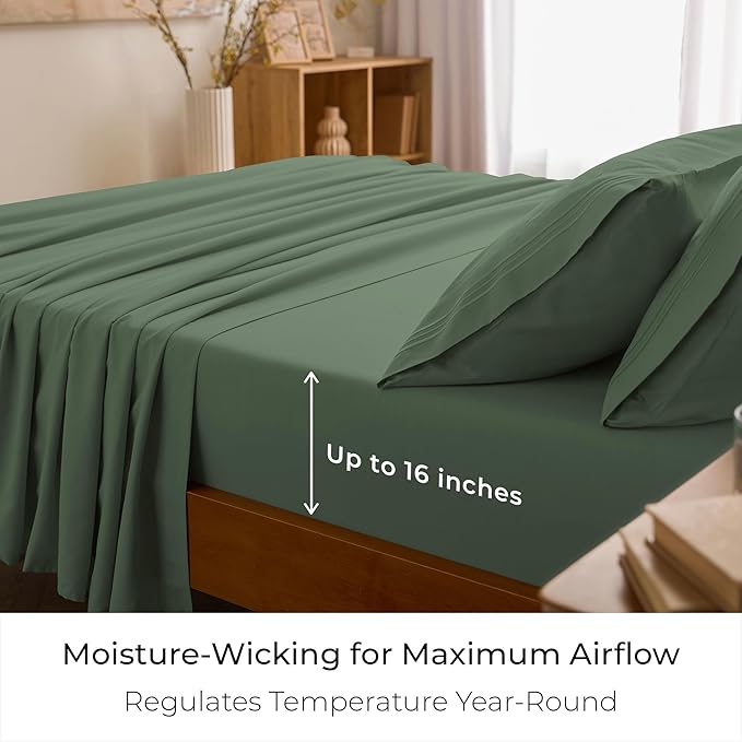 Mellanni King Sheet Set - 6-Piece Iconic Collection Bedding, (Including 4 Pillowcases), 16-Inch Deep Pocket, Easy Care, Extra Soft, Cooling Sheets, Brushed Microfiber - Sage