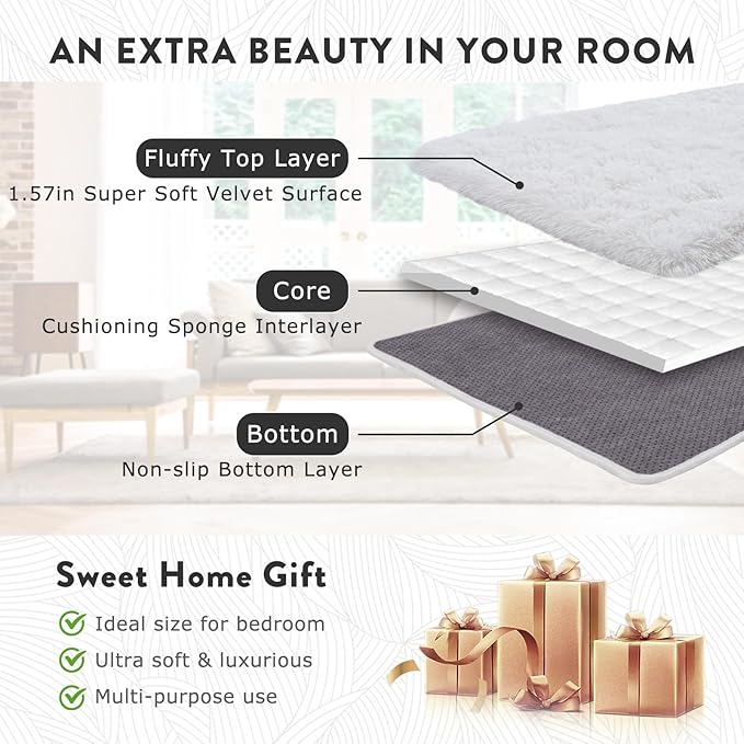 Fluffy Rugs for Bedroom Living Room, 4x6 Feet Indoor Modern Shaggy Area Rugs, Non-Slip Fuzzy Shag Floor Carpet for Dorm Nursery Kids Room Decor, Soft Plush Throw Rug, White
