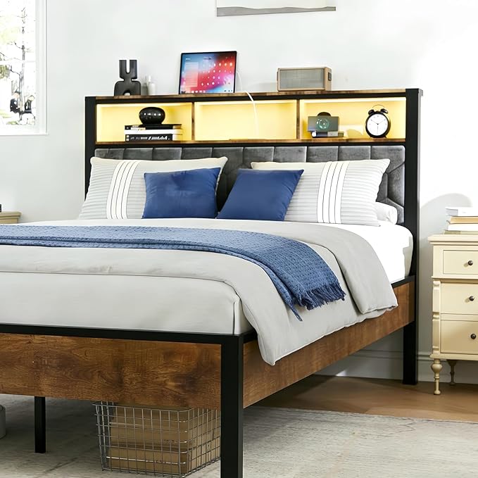 King Size Bed Frame with Storage Headboard & Charging Station, Platform Bedframe with LED Lights, Upholstered Headboard, Metal Slat Support, No Box Spring Needed