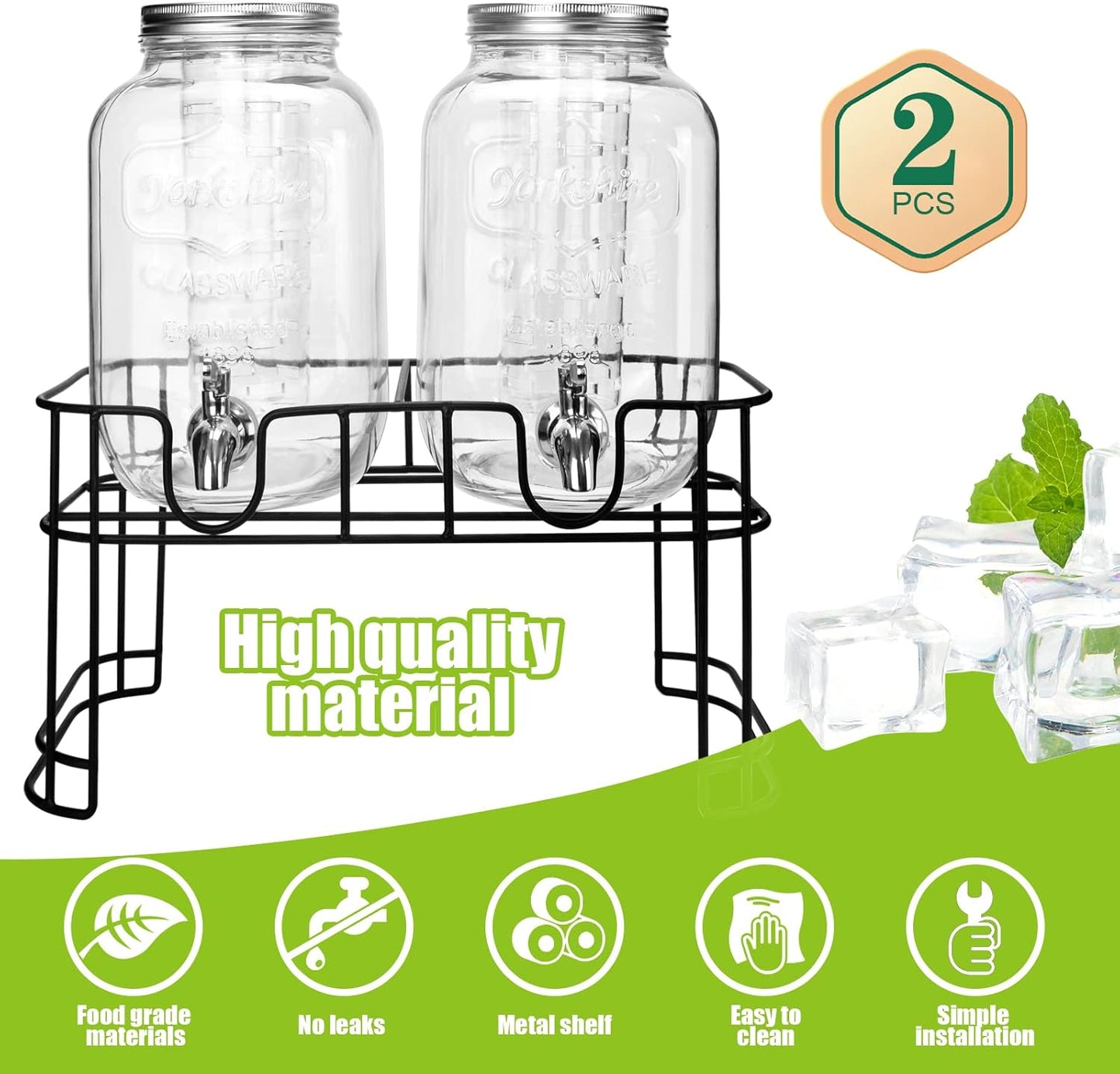 1 Gallon Glass Drink Dispensers For Parties 2PACK.Beverage Dispenser,Glass Drink Dispenser With Stand And Stainless Steel Spigot 100% Leakproof.Lemonade Dispenser With Ice Cylinder.Laundry Detergent