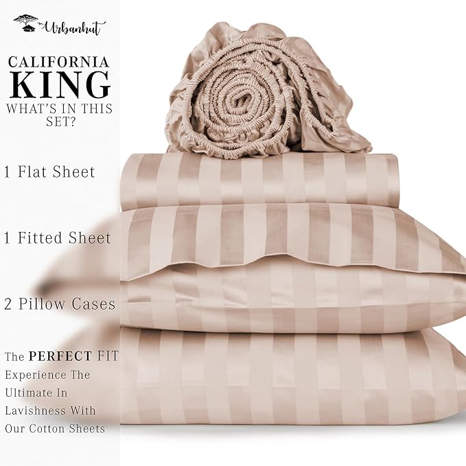 URBANHUT 800 Thread Count 100% Cotton Damask California King Size Sheets Set, 4 Piece Striped Cal King Size Bedsheets, Luxury Hotel Sheets Sateen Weave, 16" Elasticized Deep Pocket- Blush Pink