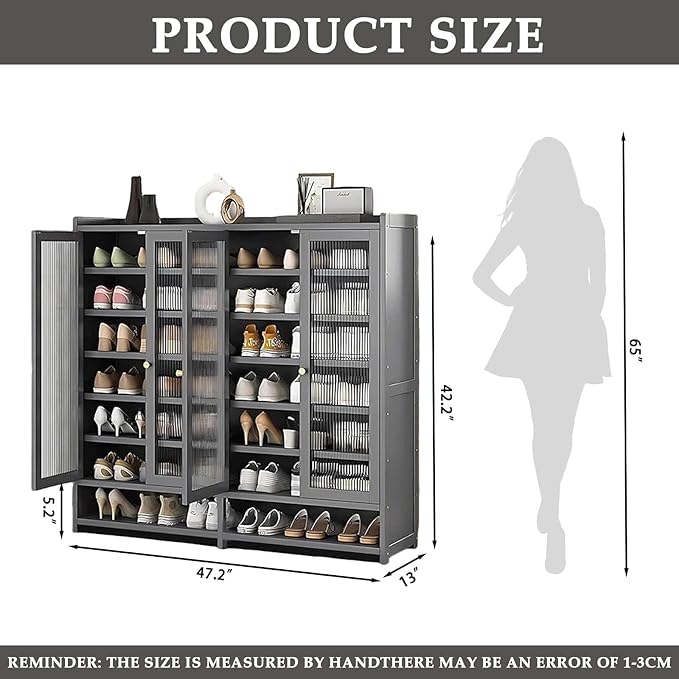 Bamboo Shoe Cabinet, 36-40 Pairs 8 Tier Shoe Rack with Doors, Freestangding Shoe Cabinet Organizer with Shelves, 43" Tall Shoe Rack Organizer for Entryway, Closet, Hallway