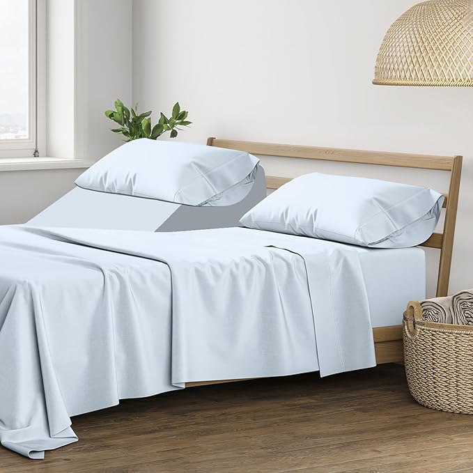 THREAD SPREAD Split King Size Sheets Set Cotton - 400 Thread Count Cotton Split King Sheets 5 PC Set (Light Blue), Ultra Soft, Cooling, Hotel-Quality 16" Deep Pocket Sateen Bedsheet for Hot Sleepers