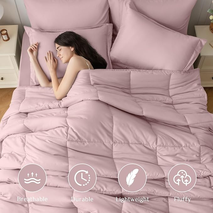 JOLLYVOGUE Full Comforter Set, Ultra-Soft Bed in a Bag Full Size 7 Pieces, Oeko-TEX Certified Bedding Set with Down Alternative Comforter, Sheets, Pillowcases & Shams, Camio Pink