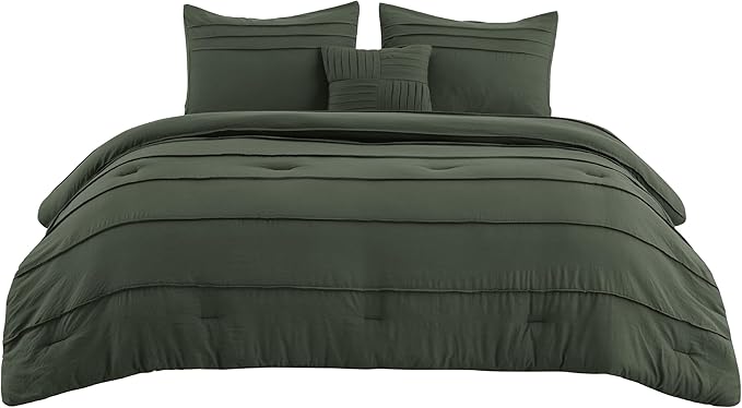 Bedsure Queen Comforter Set - 4 Pieces Pinch Pleat Bed Set, Olive Green Boho Bedding for All Season, 1 Soft Comforter, 2 Pillowcases, 1 Decorative Pillow