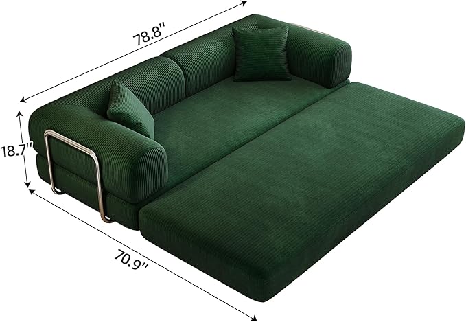 79" Convertible Sofa Bed, Corduroy Folding Pull Out Couch with Pillows, No Assembly Modern Boneless Couch Compression Sofa in Box, Floor Sofa with Support Rods for Living Room,Dark Green