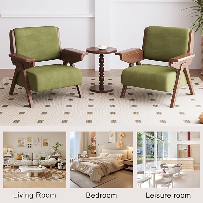 Accent Chair Set of 2, Mid Century Modern Chair, Velvet Upholstered Lounge Arm Chair with Solid Wood, Cozy Seating for Living Room, Bedroom, Balcony (Green)