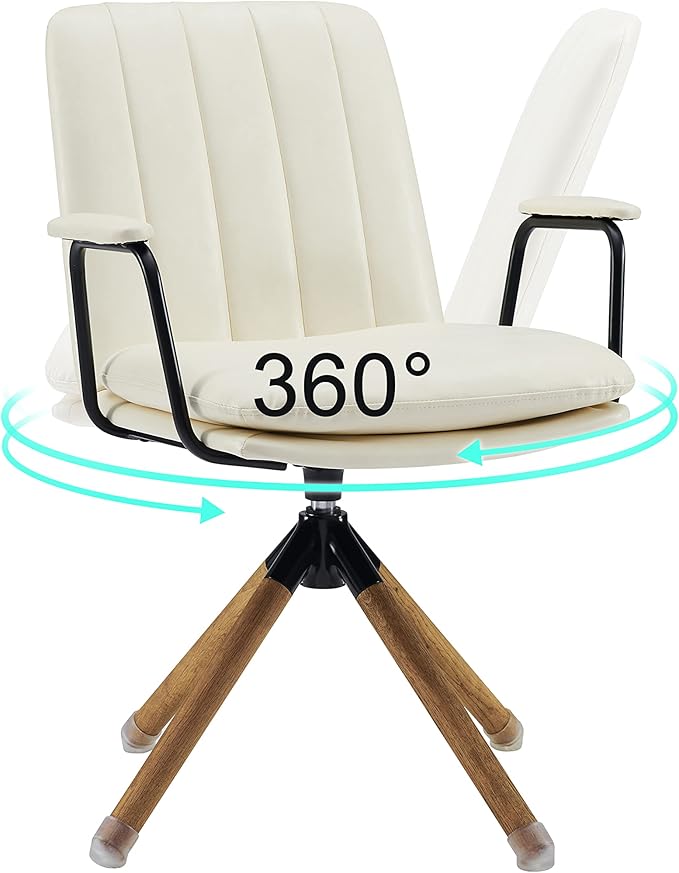 Art Leon Mid Century Modern Chair, Oak Legs Swivel Accent Chair No Wheels, Faux Leather Armchair for Small Spaces Home Office Living Room Bedroom, Off White