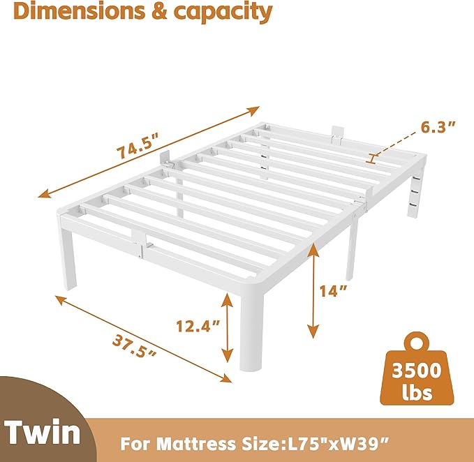 14 Inch Twin Size Bed Frame with Metal Gaskets, No Box Spring Needed, DIY Headboard, Heavy Duty Steel Slat Support, Anti-Slip Mattress Stopper, Round Corner Leg, Easy Assembly, White
